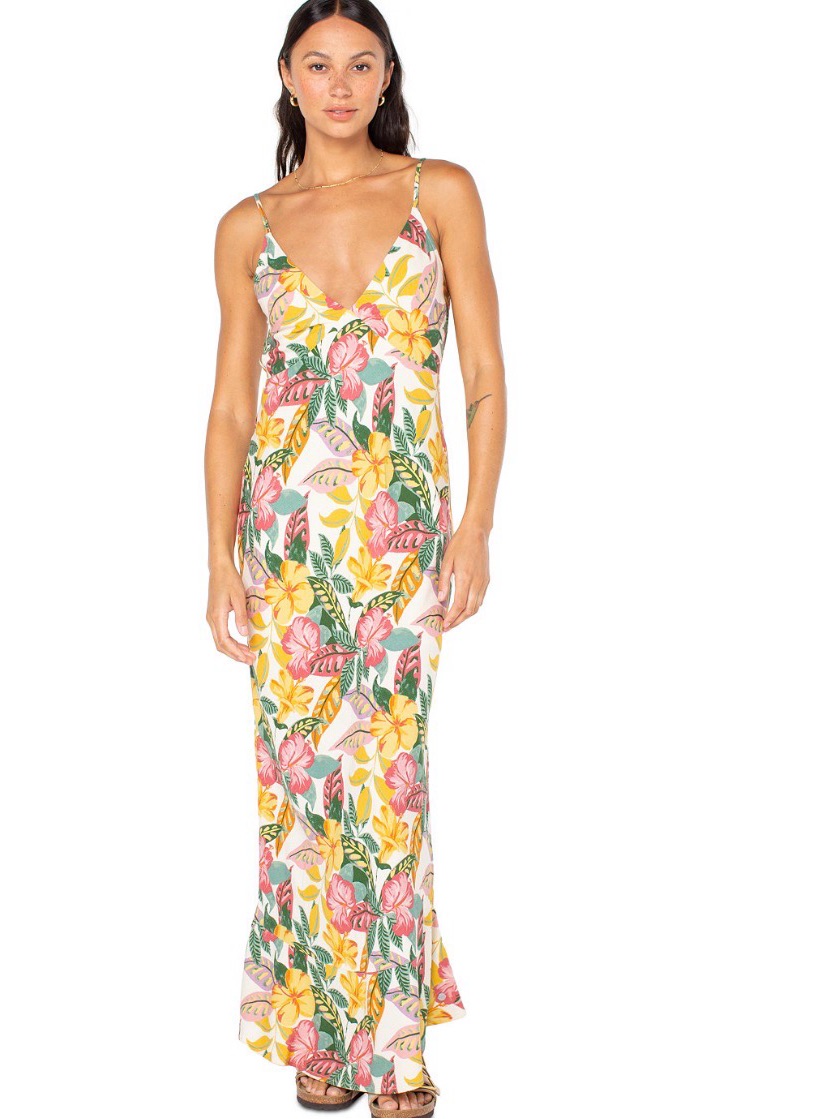 Roxy Lost Paradise Linen Floral Slip Maxi Dress In Multicolor